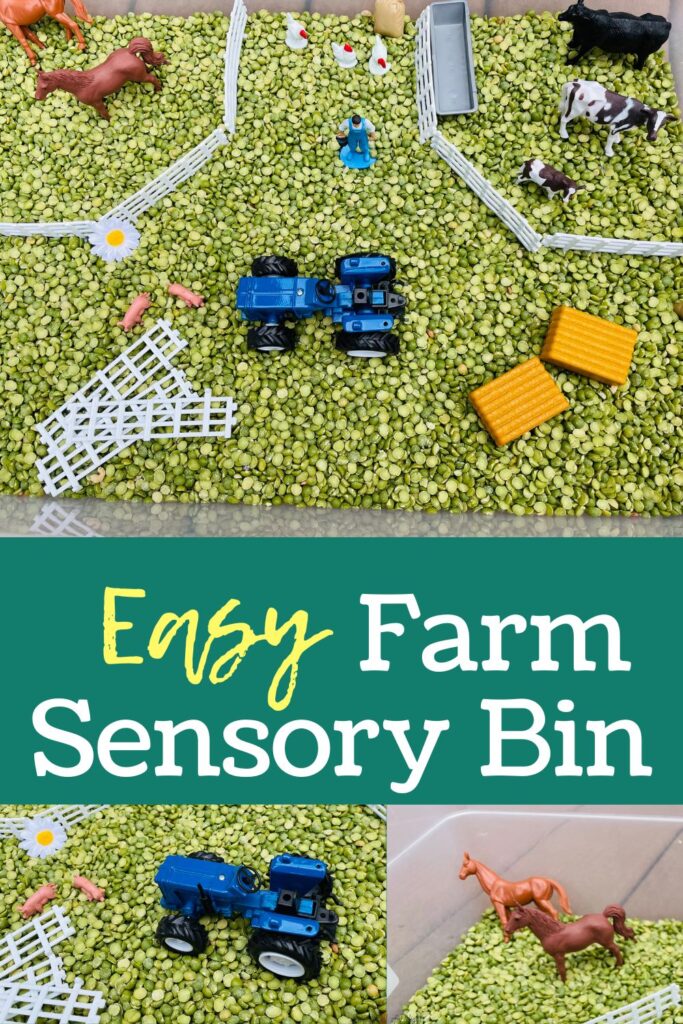 Easy Farm Sensory Bin - a fun farm sensory play idea for preschool - features farm animals, toy tractor, farm toys and green split peas.