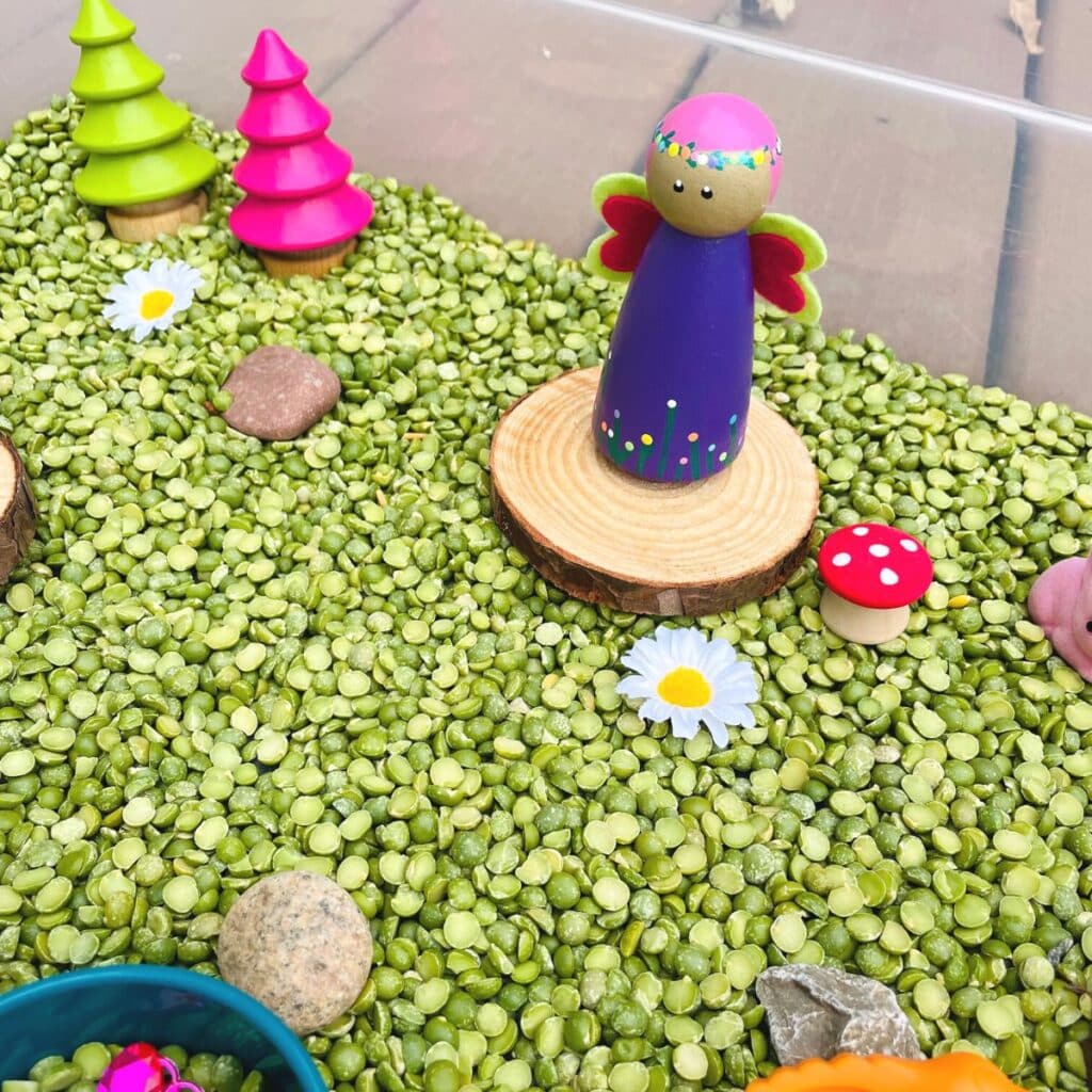 close up of the fairy in the fairy garden sensory bin