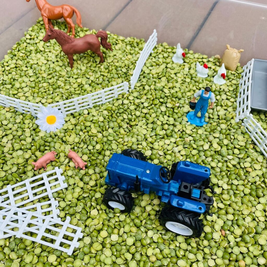 Farm Sensory Bin - a farm sensory play idea for preschoolers including a tractor, farm animals, and various farm items