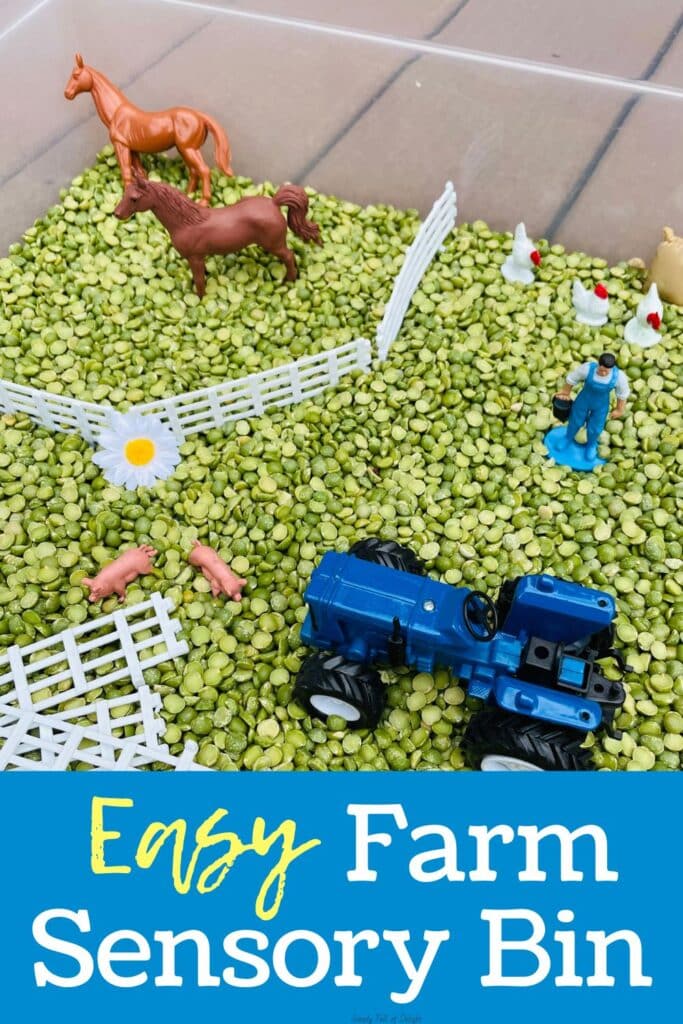 Easy Farm Sensory Bin - farm sensory play idea for preschool includes toy tractor, green split peas, farm animals and farm toys