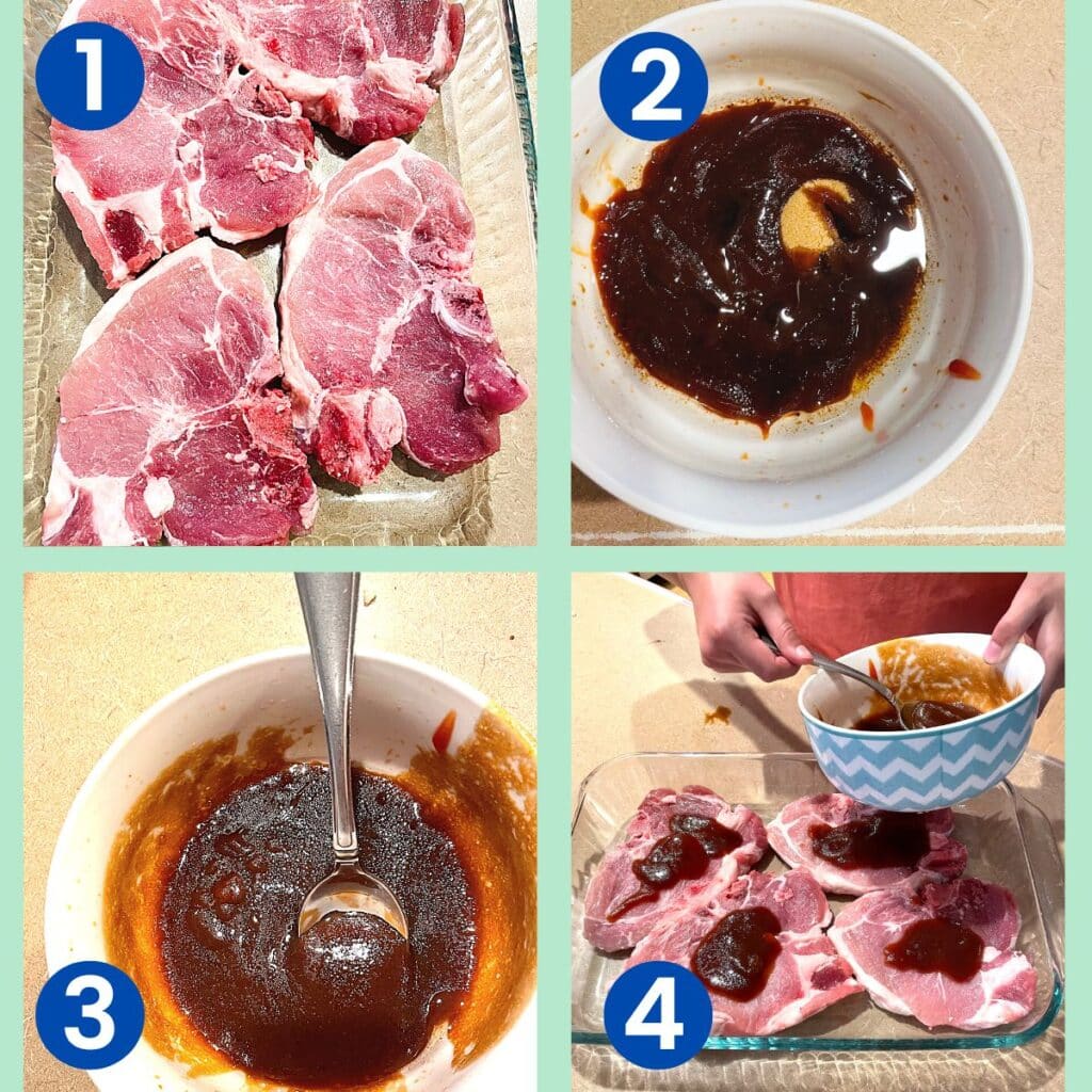 Gluten Free pork chop recipes shown: pork chops in pan, mixing the sauce, drizzling it on top