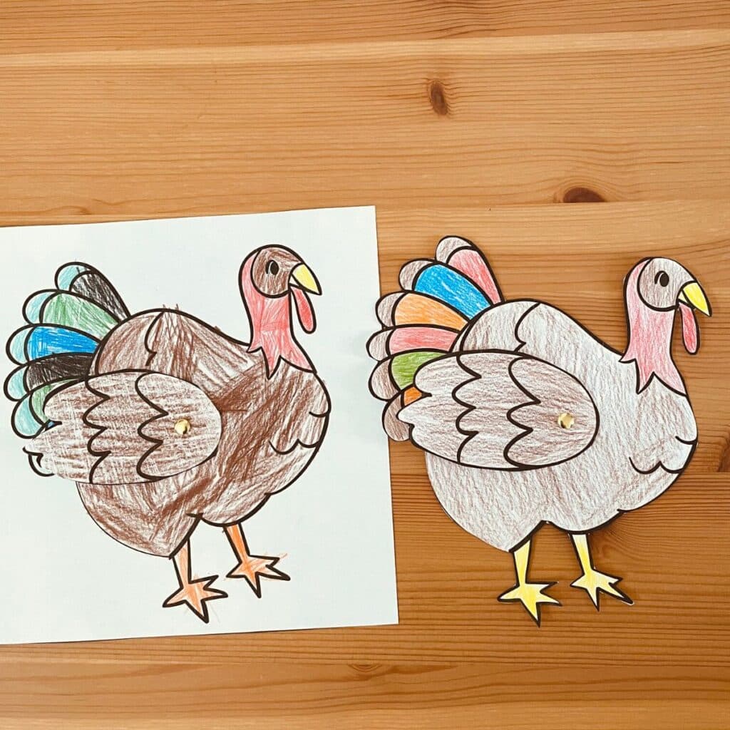 2 easy turkey paper crafts - one is cut out and the other easier version is still on the page