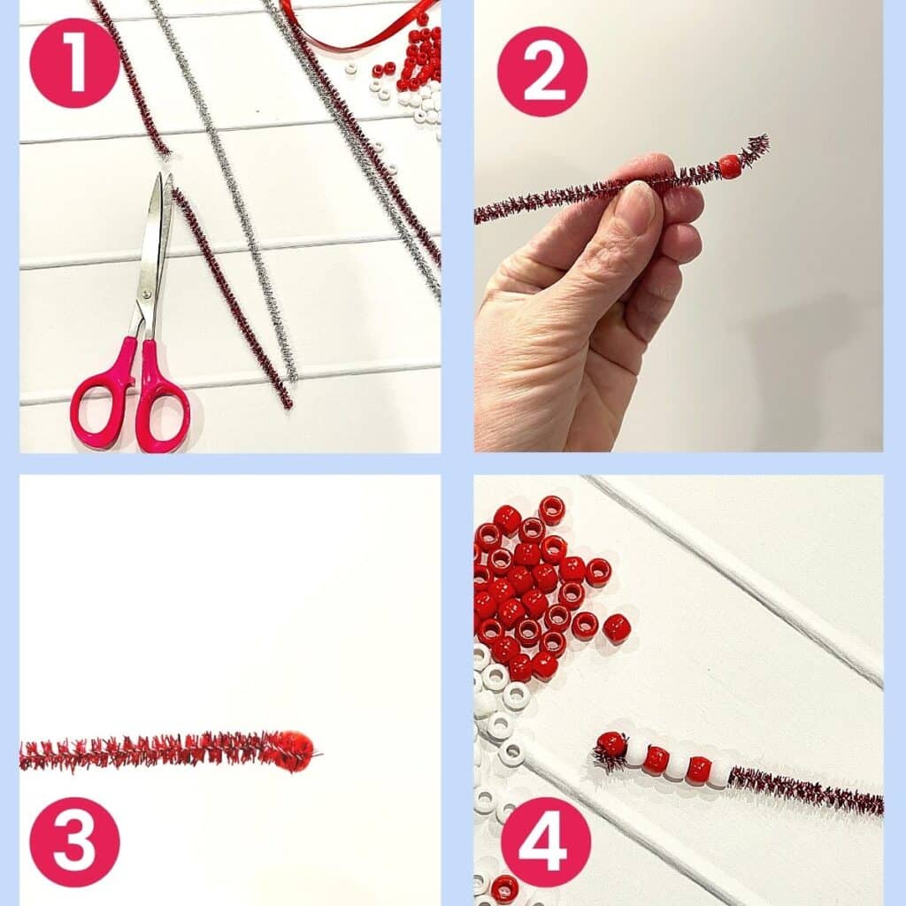 candy cane ornament tutorial - cut pipe cleaner in half, thread first bead on, fold the wire around it to secure the bead, then alternate adding red and white beads to the pipe cleaner.