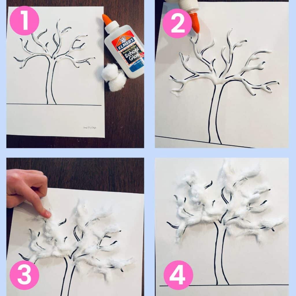 cotton ball winter tree craft - first winter tree printable is traced in glue, then cotton ball is added to make a wintery snowy looking tree