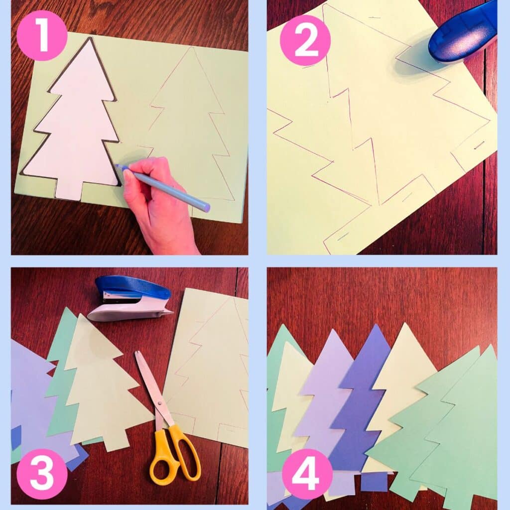 tracing tree template, staple around it, cut out the stack, then a stack of tree templates are shown