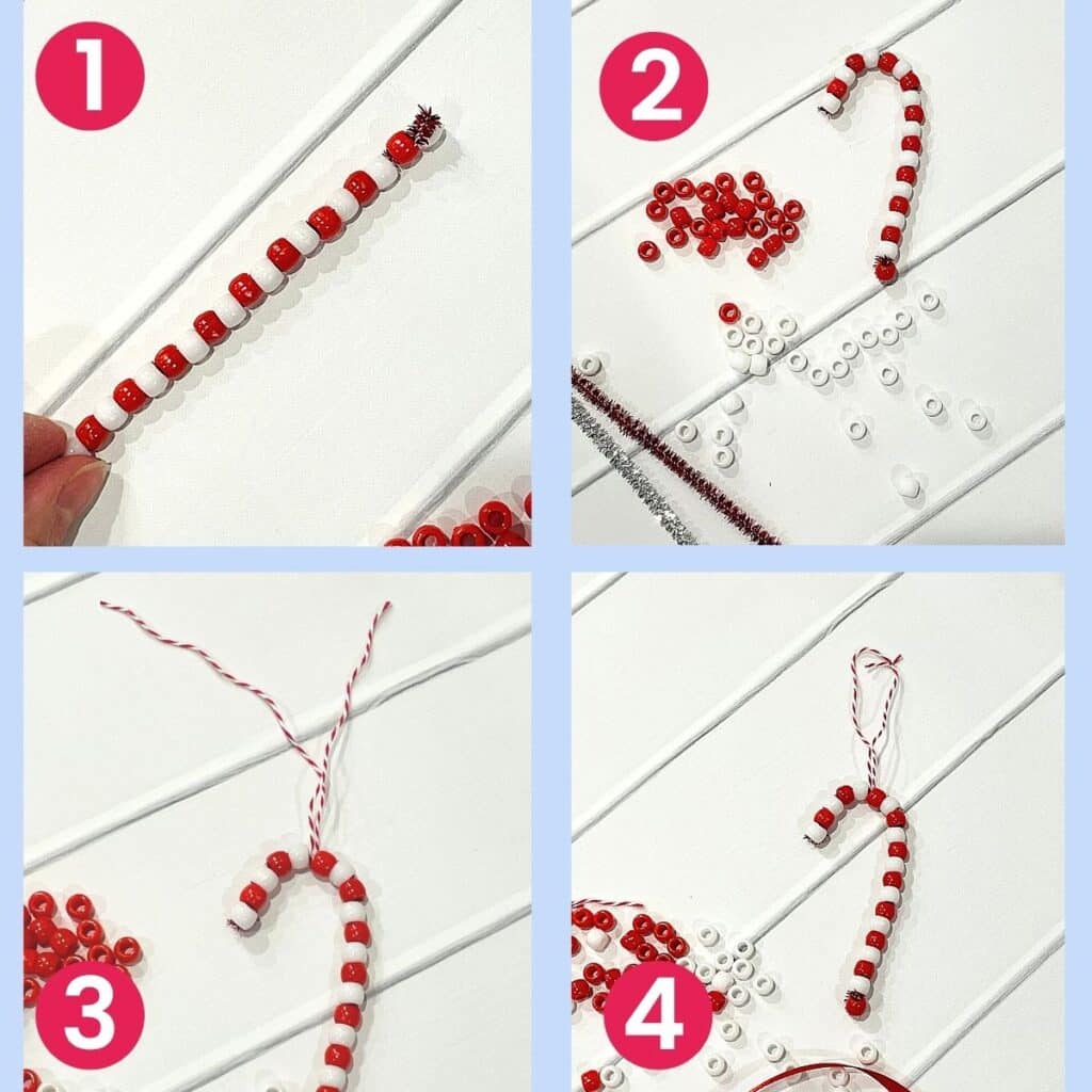 how to make a beaded candy cane ornament - thread on the rest of the red and white beads, secure the end, then curve into the shape of a candy cane, tie twine onto the cane, then knot it to form a circle to hang the ornament