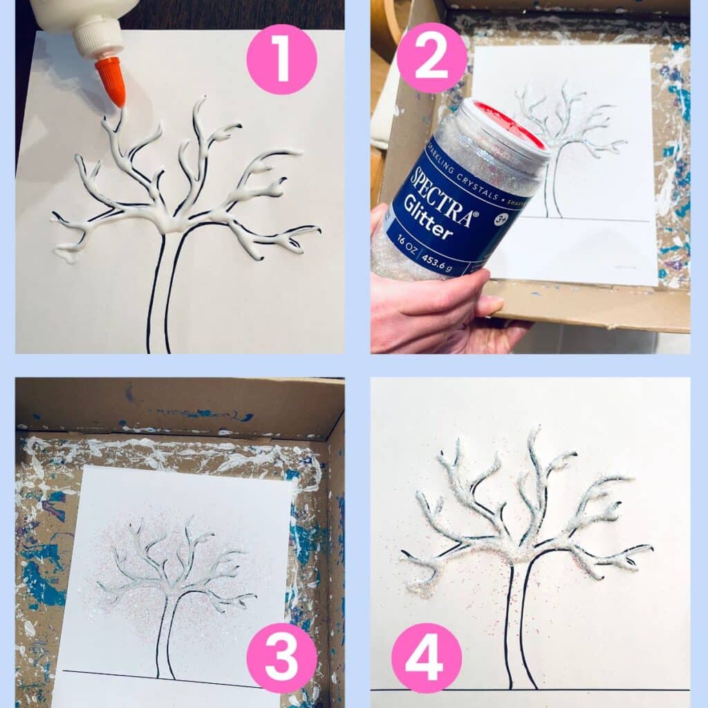 glitter printable winter tree craft -  trace template in glue, add glitter, shake off excess, and finished glitter winter tree printable