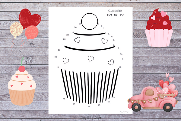 Valentine cupcake dot to dot printable for preschool - a cupcake connect the dots page