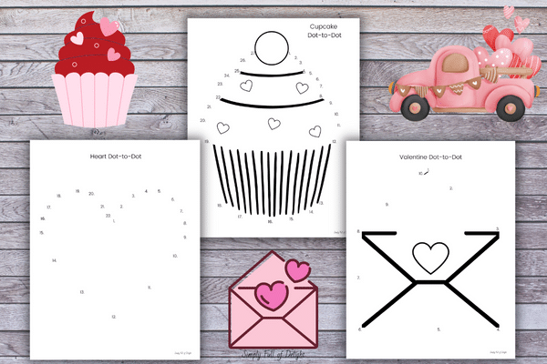 Valentine's Day dot to dot -  free printables - 3 free Valentine connect the dots pages including an envelope, a heart, and a valentine cupcake