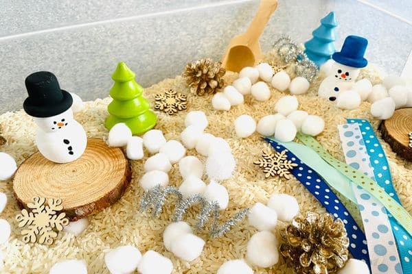 Snowman Winter Sensory Bin for Preschoolers