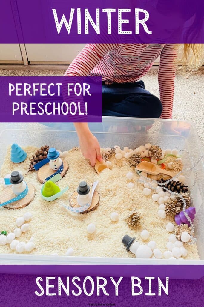 Snow Winter Sensory Bin for preschoolers - rice, scoops, snowman figures, pine cones and more make up this fun winter wonderland sensory play idea