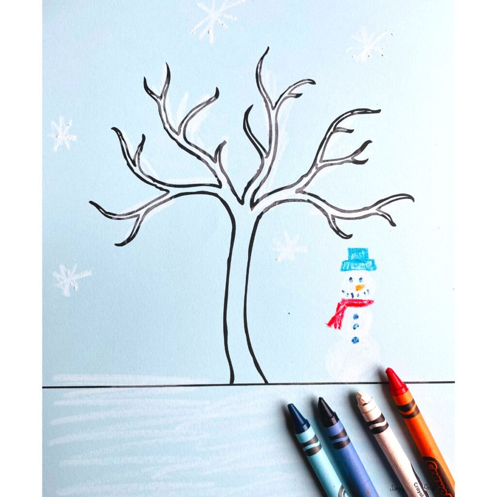 winter tree coloring page free printable colored with crayons and snowman drawn on