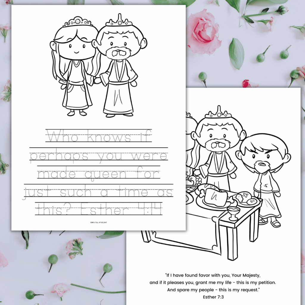 Queen Esther coloring pages - one with Esther and King Xerxes with bible verse Esther 4:14, and another with the banquet table king, queen, and Haman