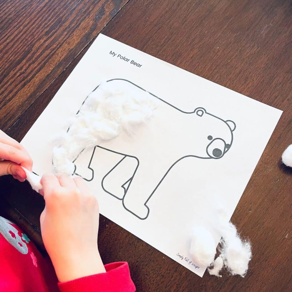 polar bear printable with cotton being added to it