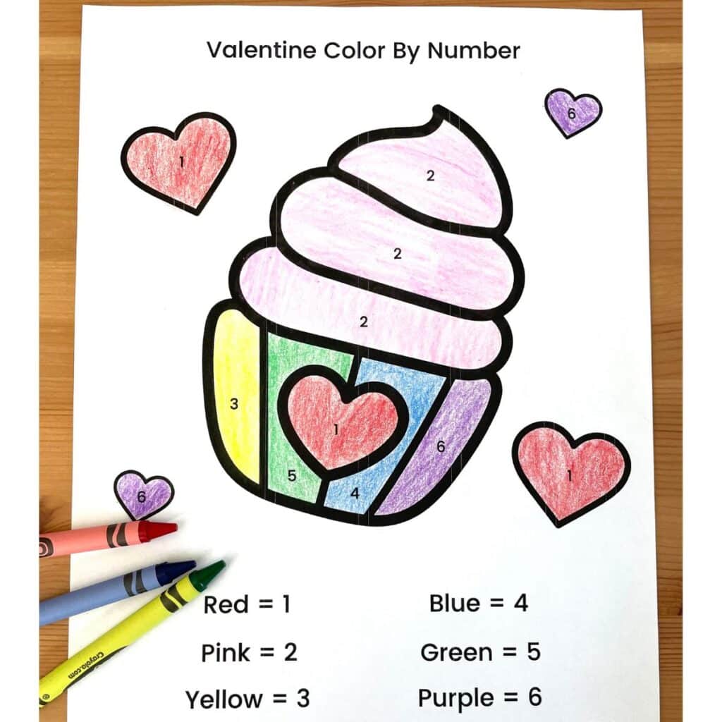 Cupcake Valentine color by number free printable  colored in for preschool, kindergarten and first grade