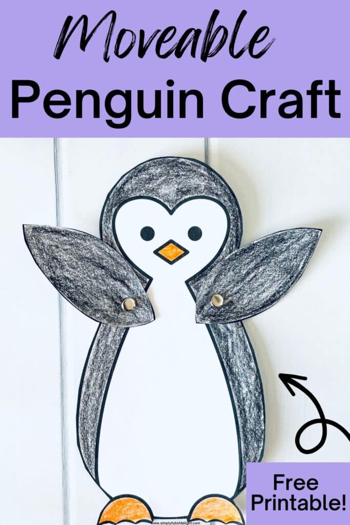 Moveable Papper Penguin Craft - a penguin paper craft with moveable flippers with a paper fastener.  Fun preschool penguin craft