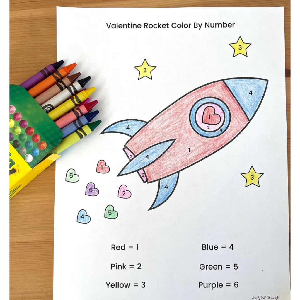 Rocket Valentine Color By Number 
 for Preschool, kindergarten or first grade