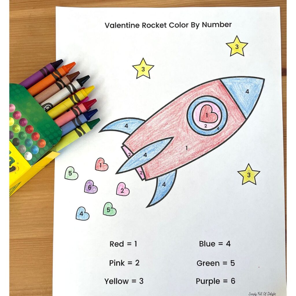 Rocket Valentine Color By Number  for Preschool, kindergarten or first grade