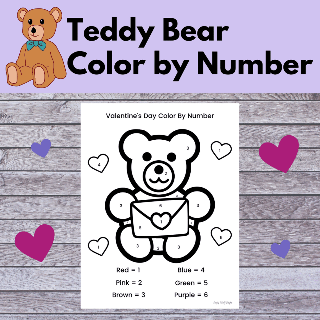 Teddy Bear Valentine's Day Color by Number - a free valentine color by number worksheet