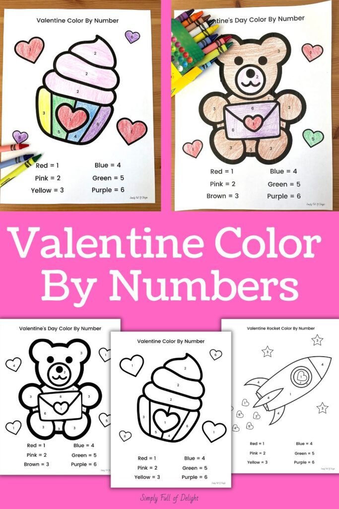 Valentine Color by Number worksheets - a cupcake, a teddy bear, and a rocket color by number free printables are shown.