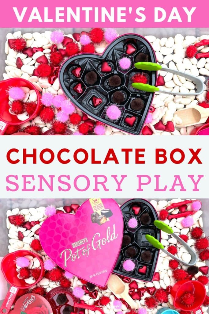 Valentine's Day Chocolate Box sensory play - a fun Valentine chocolate box themed Valentine's Day sensory bin with pom poms, beans, chocolate boxes and more!