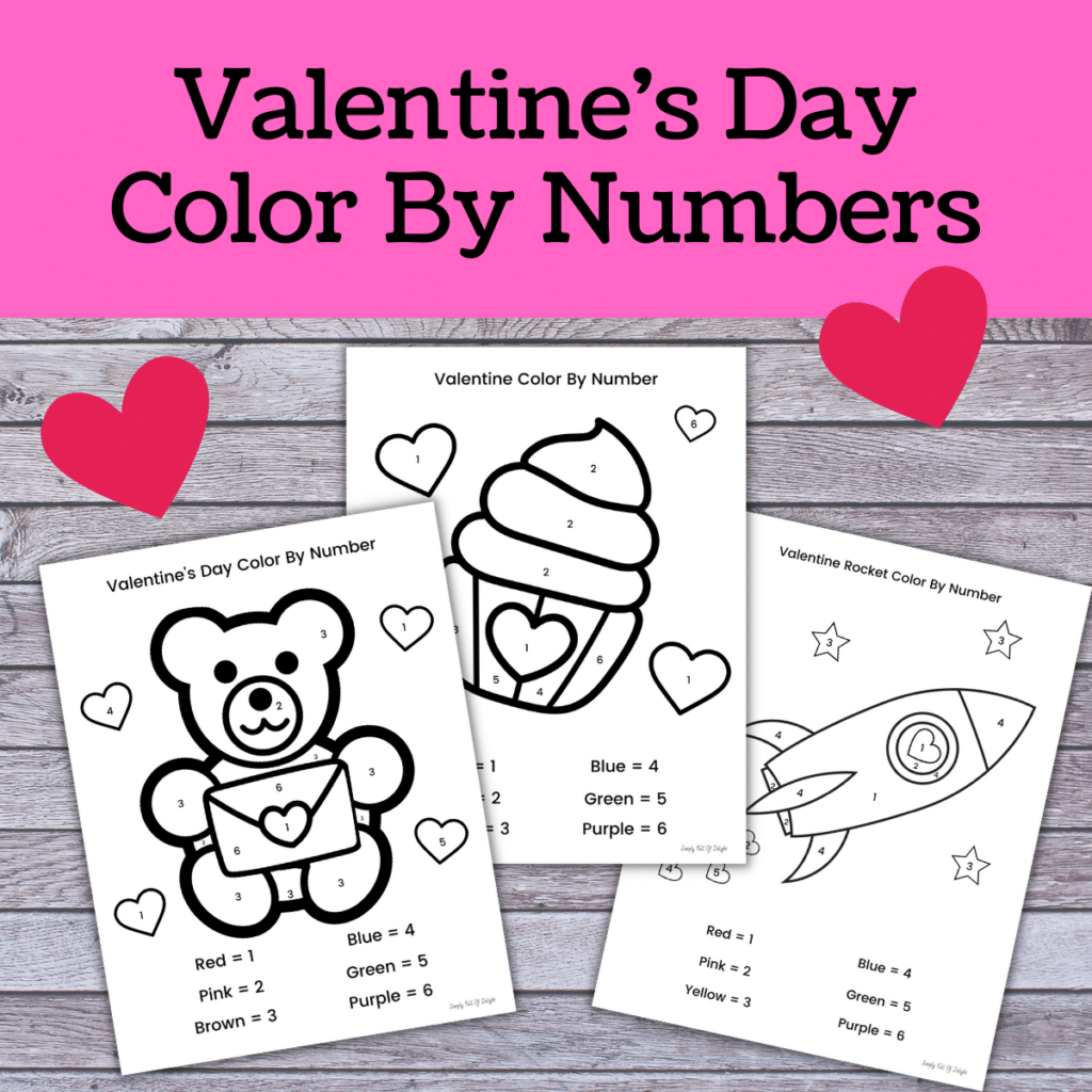 valentine color by numbers including a cupcake, rocket and teddy bear for Valentine's day