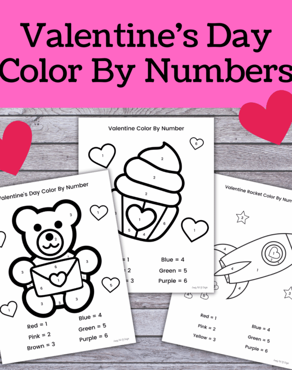valentine color by numbers including a cupcake, rocket and teddy bear for Valentine's day