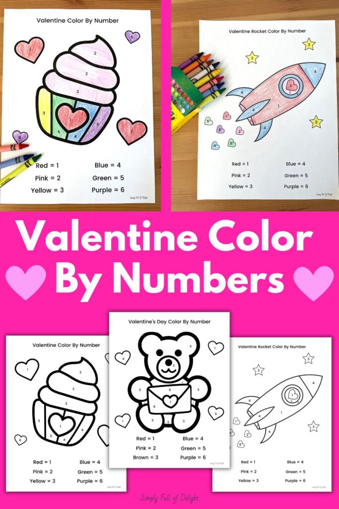 Valentine Color by Number worksheets - 3 free color by number valentines day printable pages including a teddy bear a cupcake and a rocket - super simple and made for young kids.