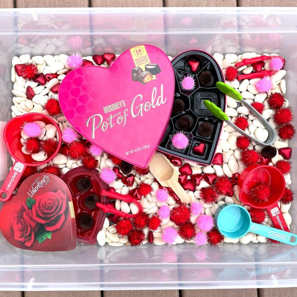 Valentine's day Sensory bin for preschoolers - chocolate box pom pom sorting