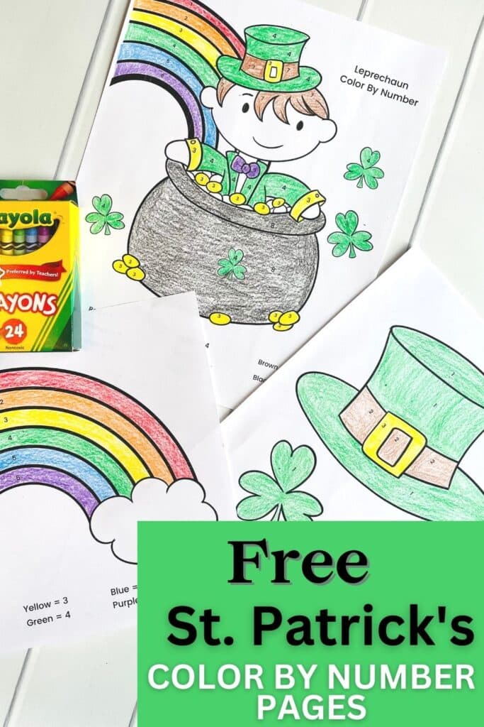 Free St. Patrick's Day Color by Number Pages including a leprechaun, rainbow and pot of gold!