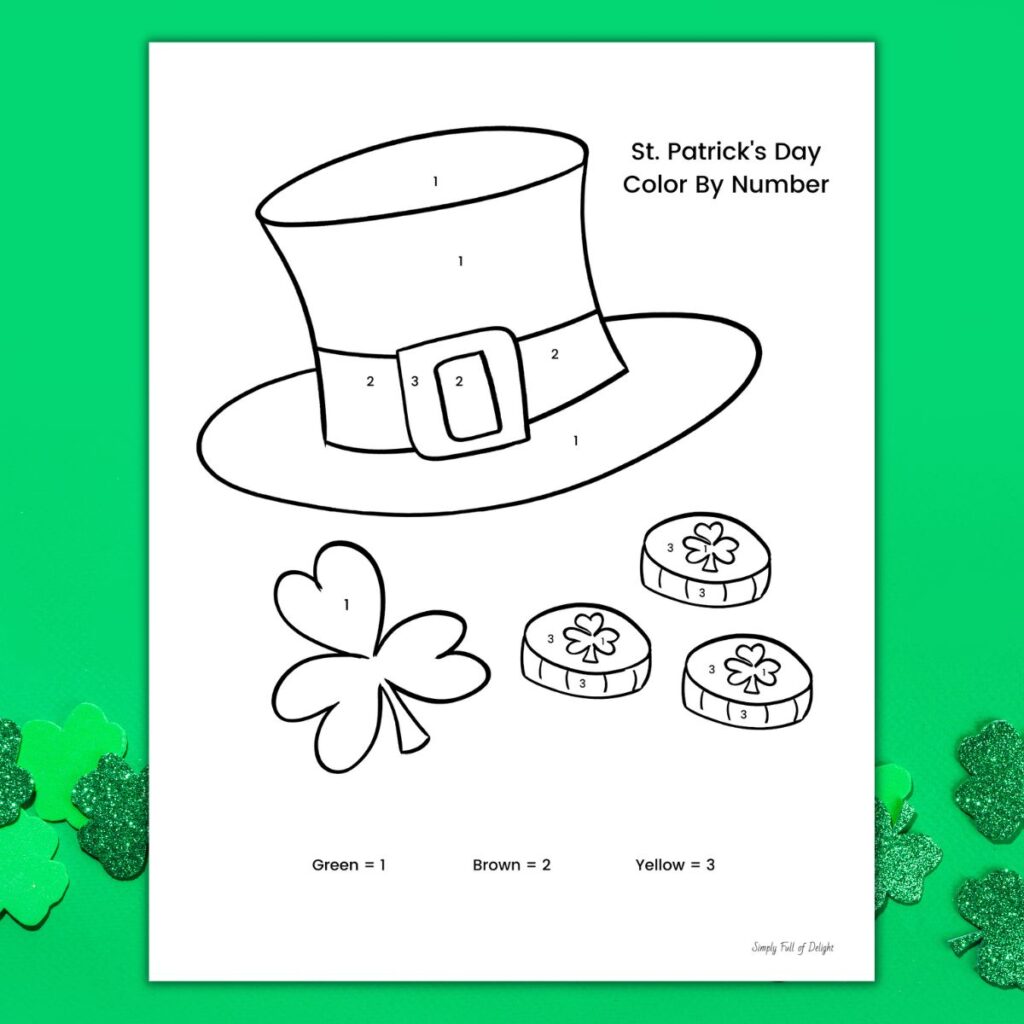 St. Patrick's Day color by number free printable featuring gold coins, shamrocks, and a leprechaun hat