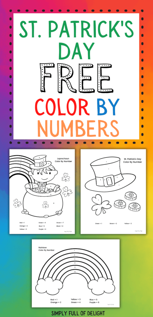 St. Patrick's Day Color by Numbers including leprechauns, rainbows, and pots of gold!