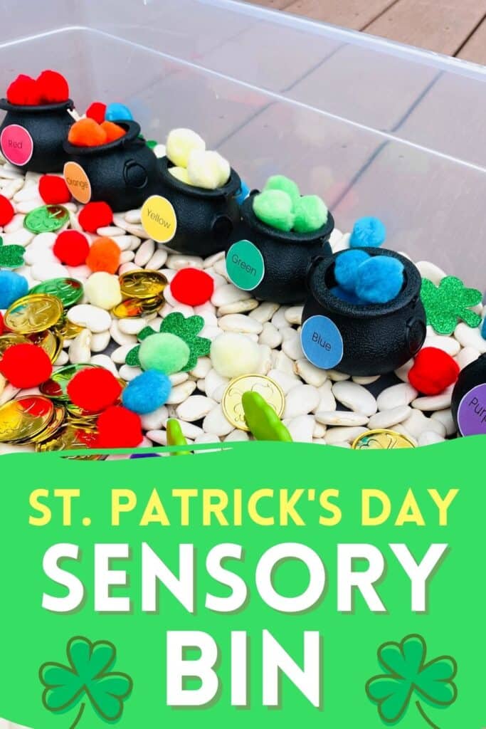 St. Patrick's Day Sensory Bin - a fun sensory activity for preschoolers - rainbow pom poms are sorted by color into pots of gold!