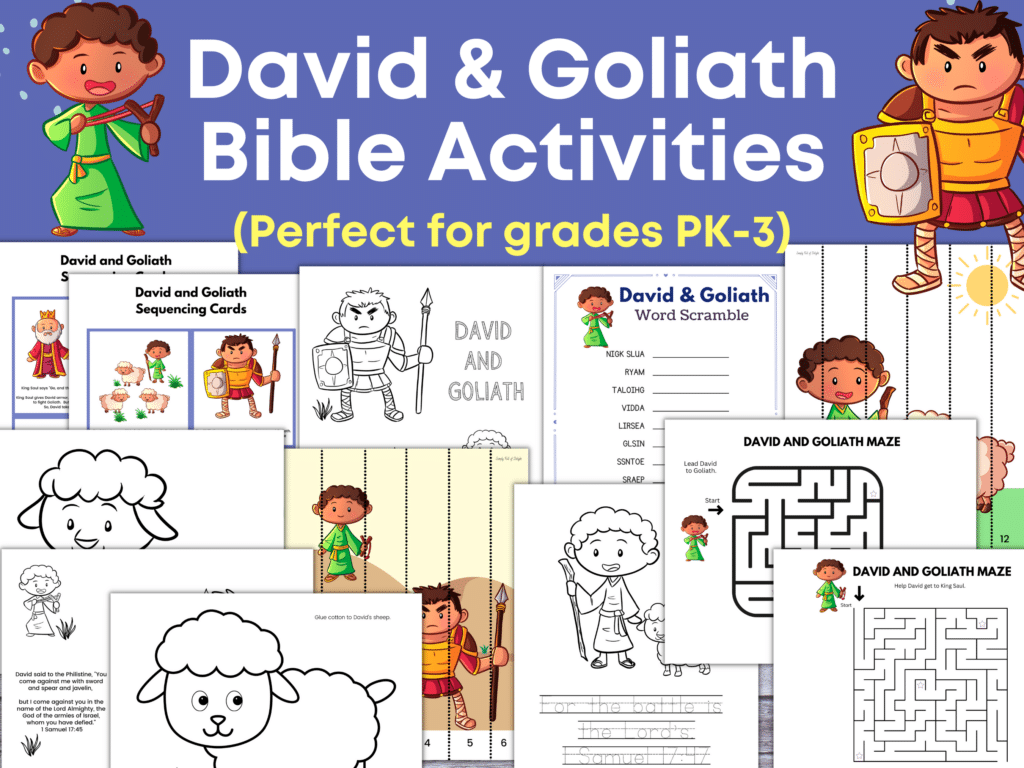 David and Goliath Bible Activities pack for grades preschool to 3rd grade