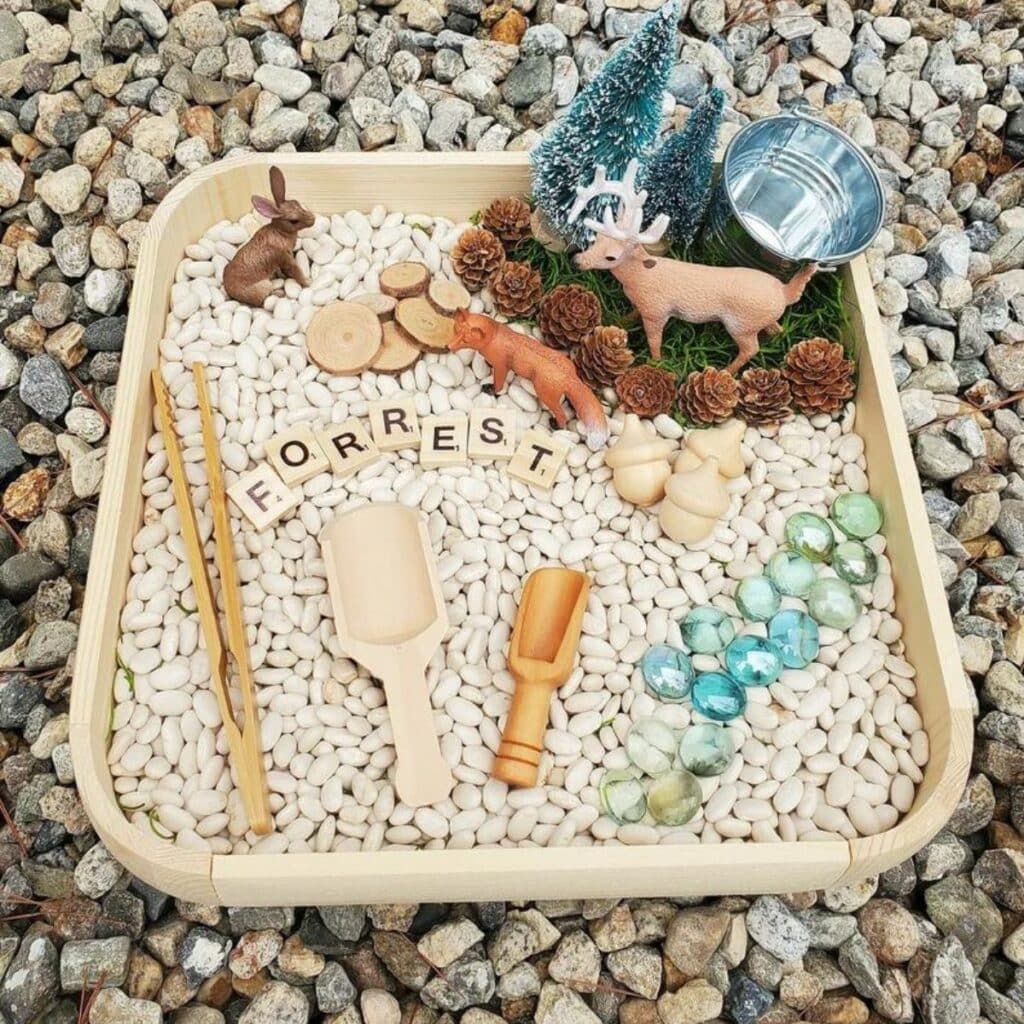 woodland forest sensory bin by Little Bee Sensory