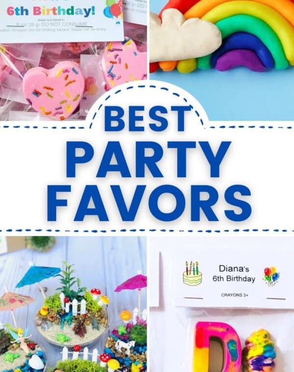 best birthday party favors - bath bombs, playdough rainbow, fairy gardens and crayons shaped into cool shapes shown.