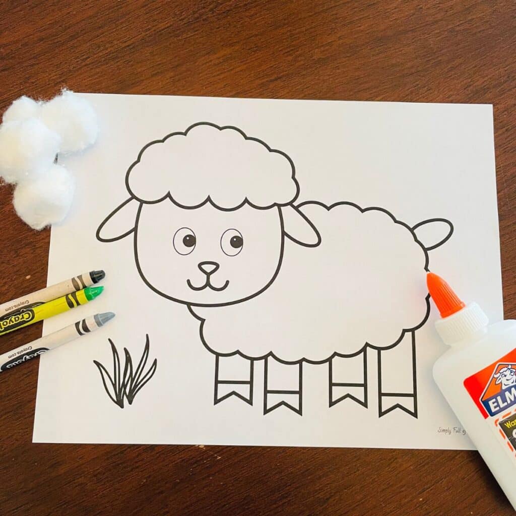 supplies for cotton ball sheep craft include the free printable sheep template, elmer's liquid glue, crayons, and cotton balls