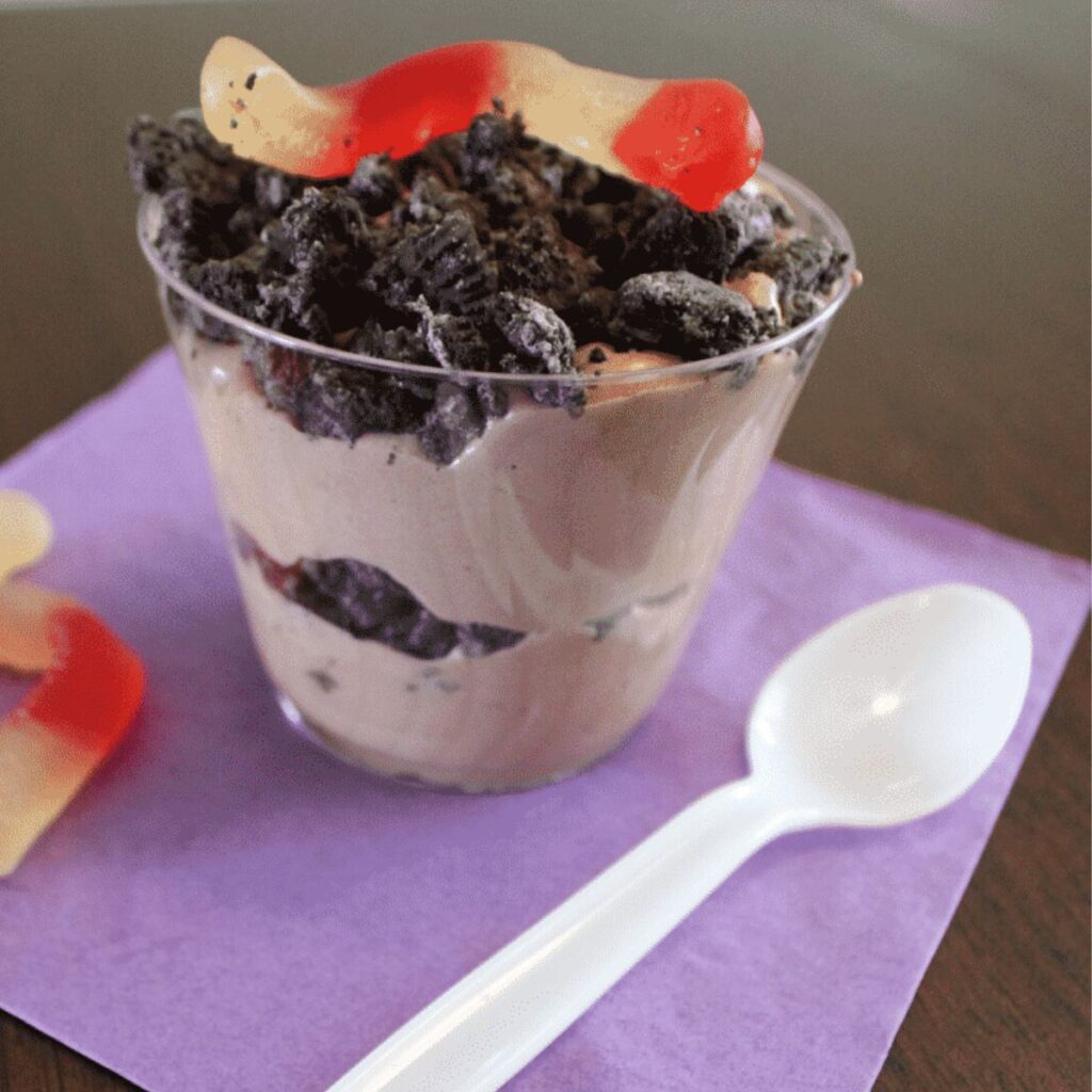 dirt pudding cup topped with worms - gluten free