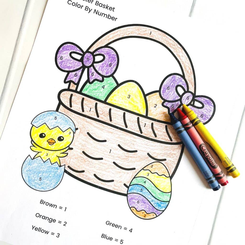 Easter basket color by number free printable - colored with crayons