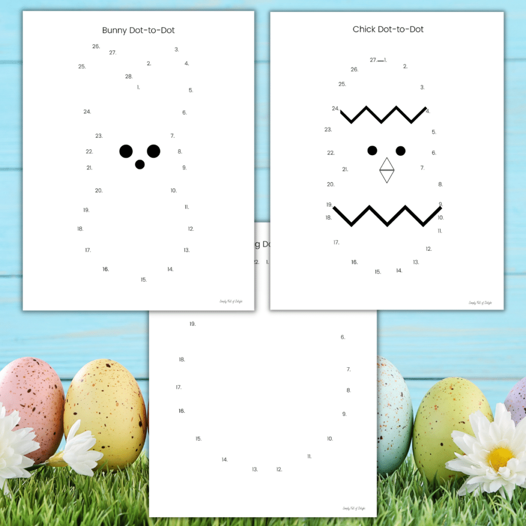 easter connect the dots pages including an egg, chick and bunny