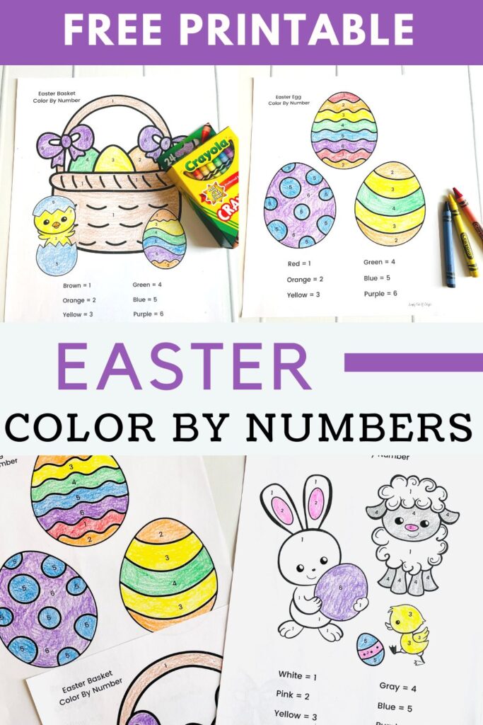 free printable easter color by number pages with easter baskets, chicks, easter eggs, bunnies and more!