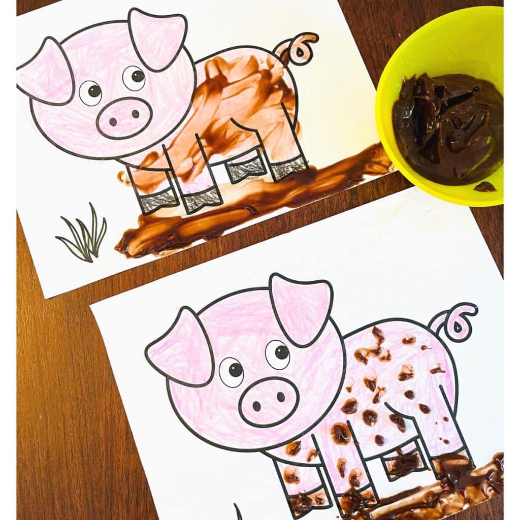 Muddy Pig Craft shown painted with pudding - a preschool farm craft for kids