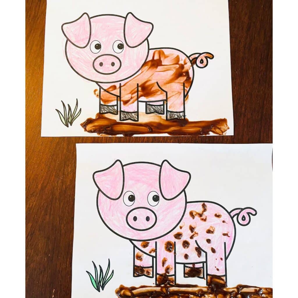 Muddy pig Craft for preschoolers - pig template painted with chocolate pudding