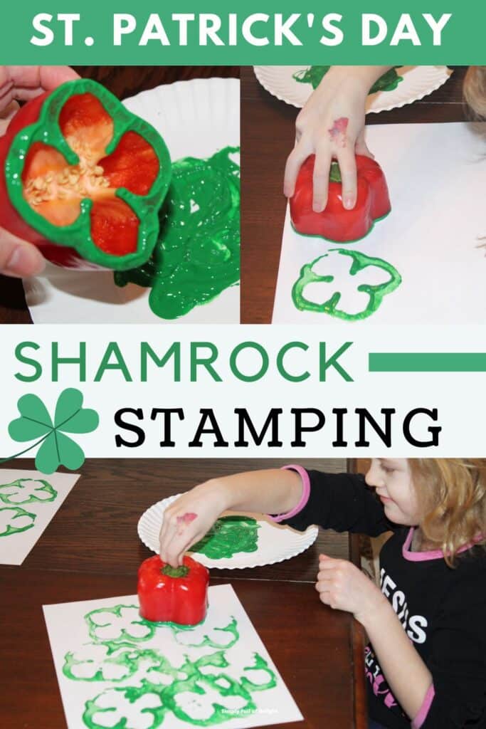 child stamping with peppers to make shamrock prints on a page