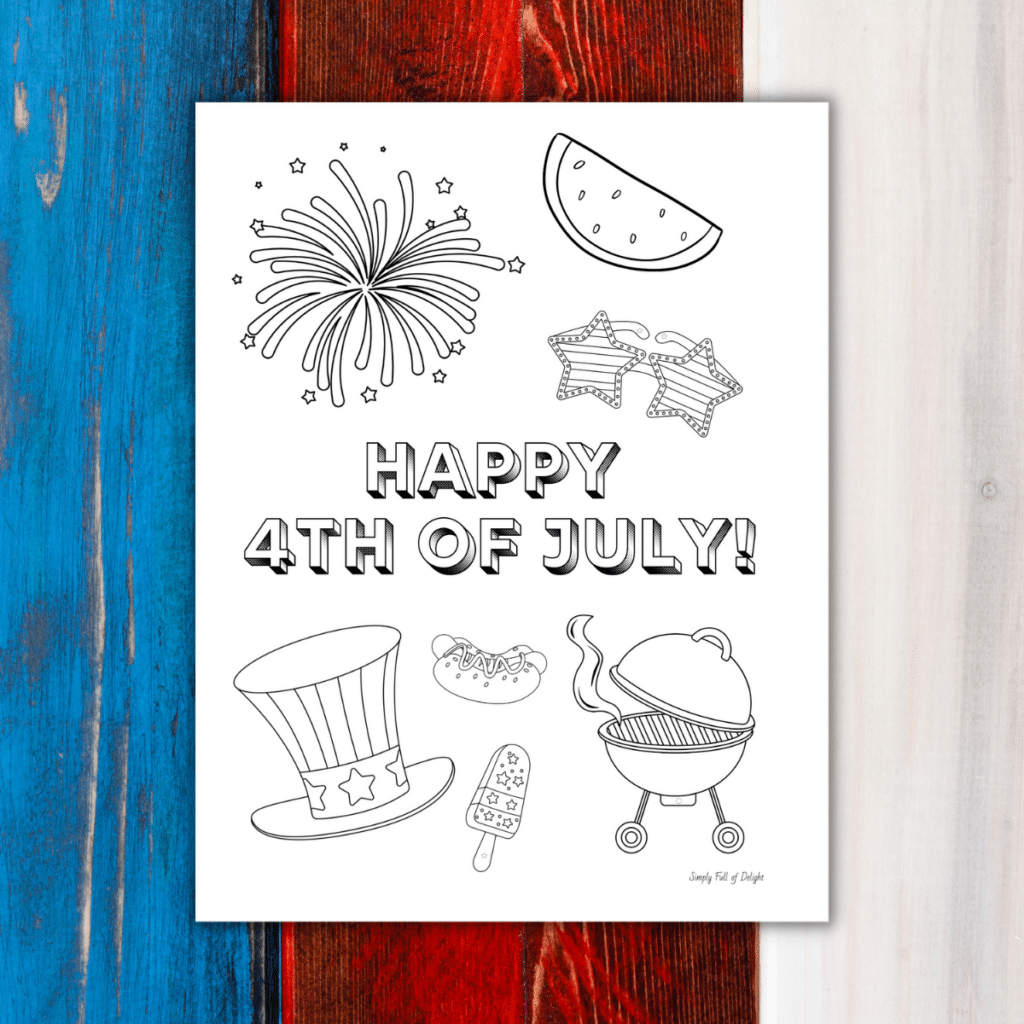 4th of July Coloring page - free printable coloring sheet for Independence day featuring fireworks, watermelon, sunglasses, Uncle Sam hat, popsicle, hot dog, and grill with words Happy 4th of July!