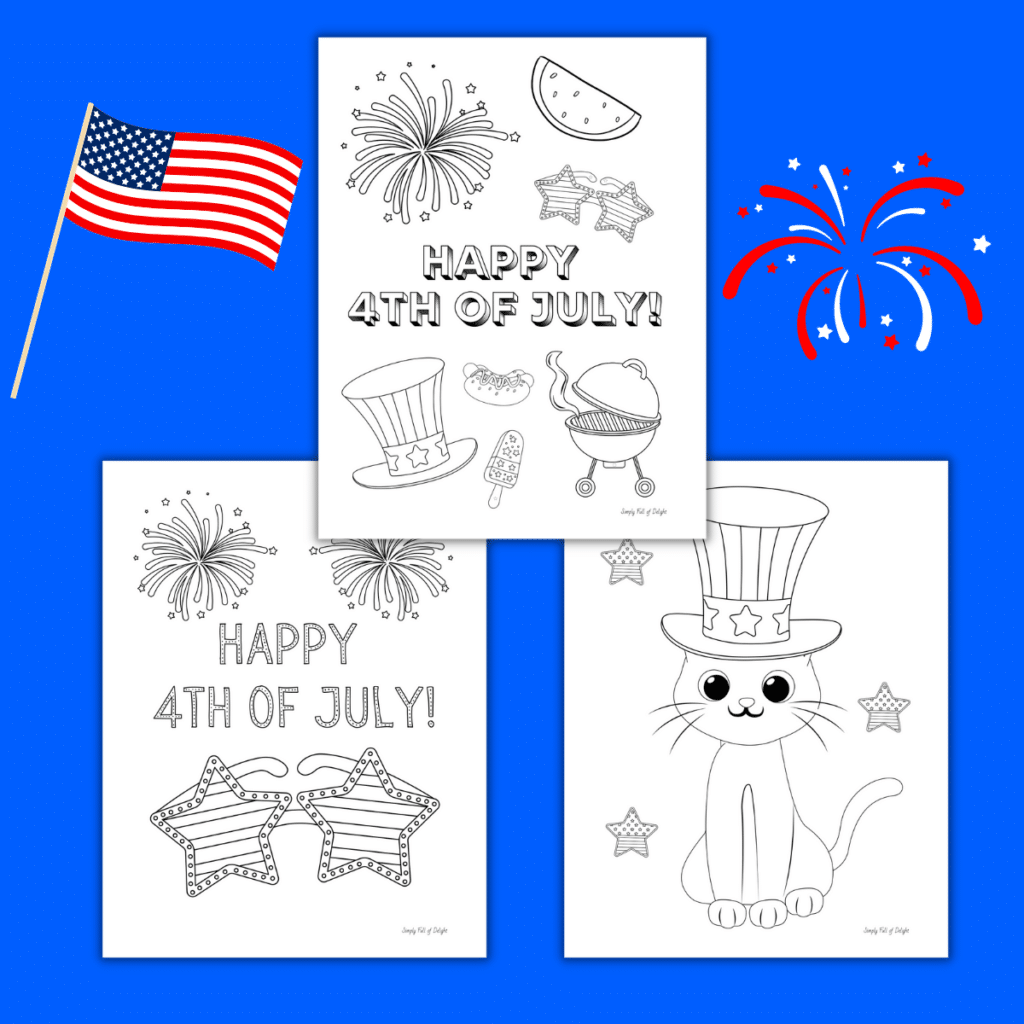 4th of July Coloring pages including a patriotic cat, fireworks and patriotic items 