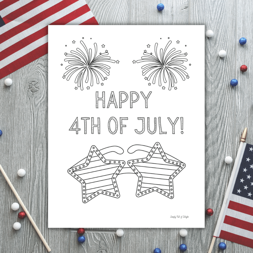 This Independence day coloring sheet features a pair of stars and stripes sunglasses with fireworks and the words Happy 4th of July