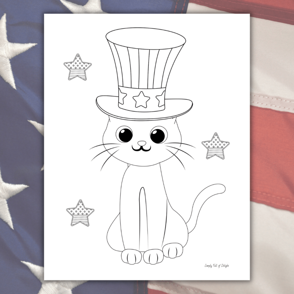 cat patriotic 4th of July coloring page - cat wearing an Uncle Sam hat surrounded by patriotic stars.
