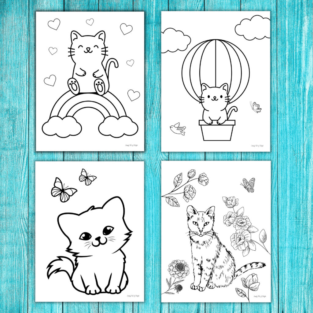 cute Kitty Coloring pages - 4 pages including cat with rainbow, cat with hot air balloon, cute kitten, and a realistic cat