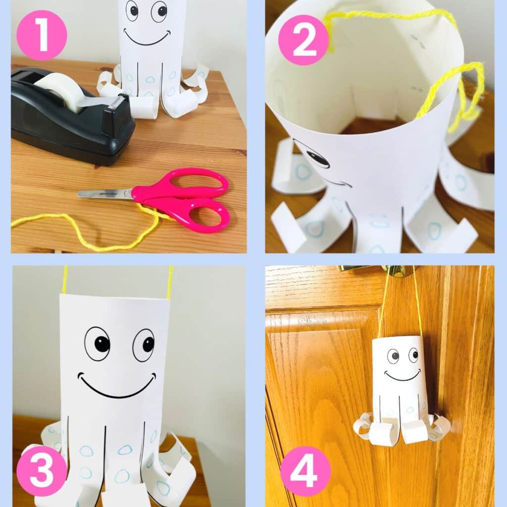 1) tape, assembled octopus craft, scissors and yarn2) taping yarn to each edge on the inside3) a completed octopus windsock4) octopus windsock hanging from a door handle